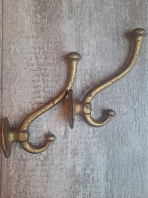2 Vintage Antique Double Coat Hat Hooks Gold Tone Iron 5.5" Heavy 6