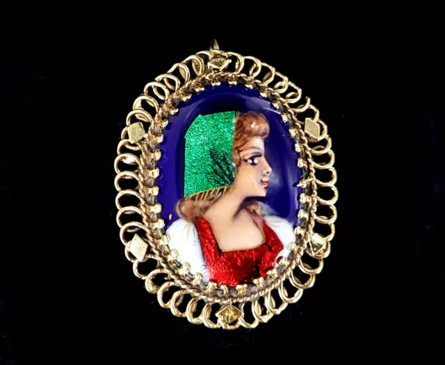 Vintage 14k Or Limoges Émail Français Paysan Femme Broche Pendentif 3.2cm