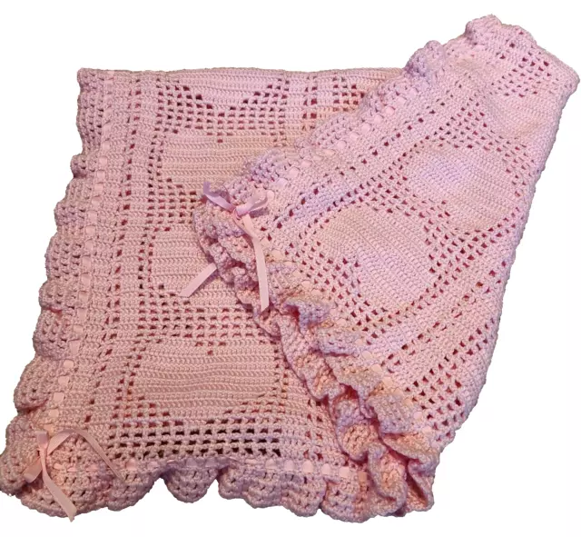 Hand Knitted Crochet Pink Baby Girl Afghan Blanket Bed Crib Nursery 42" x 31.5"