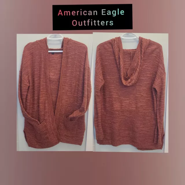 American Eagle Womens Open Cardigan Pink Long Sleeve Hooded Pockets Size S