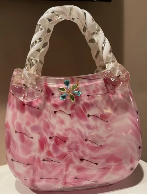 Vintage Hand-Blown Pink Art Glass Purse Murano Style Figurine Vase 9" Tall