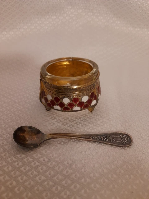 Antica Piccola Saliera Russa Argento Dorato E Decoro In Smalti Russian Salt