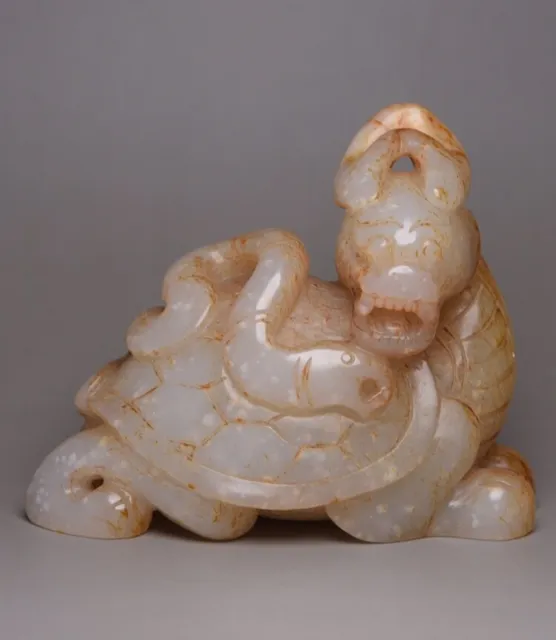 Collectible Chinese Hetian Jade Carved Dragon Turtle Statue Exquisite Figurines