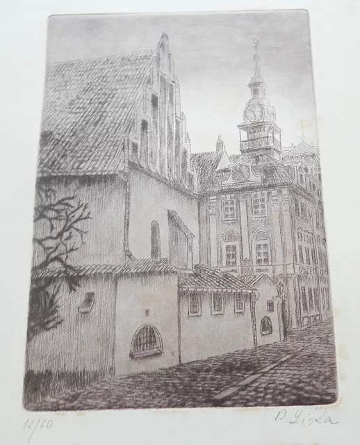 Alt-Neu Synagogue In Prague Old Etching Signed Numbered Jewish Art Judaica 2