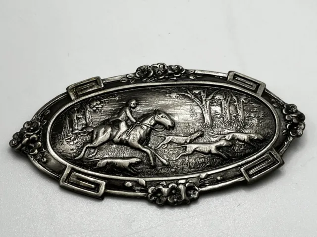 Brooch Pin Fox Hunt Equestrian Horses Dogs Silver Tone Costume Jewelry Oblong