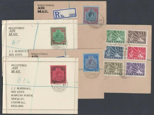 FIVE Rare Nyasaland Registered Air Mail Letter Cards Various Values to £1 1946/7