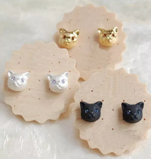 Women Girly Fashion Black Gold Cat Crystal Rhinestone Ear Studs Earrings Jewelry