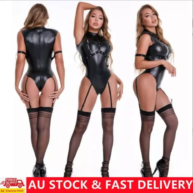 Womens PU Leather Bodysuit Zipper Jumpsuit Sexy Lingerie+Stockings Clubwear