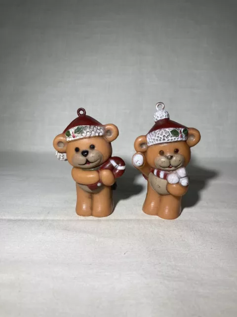 Vintage Teddy Bear Christmas Tree Ornaments Set of 2 Hallmark Plastic