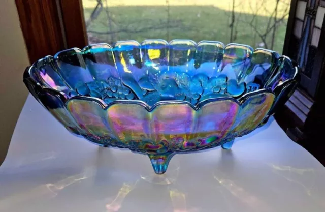 Vintage Carnival Glass Iridescent Blue Harvest Grape Oval Bowl 1970's