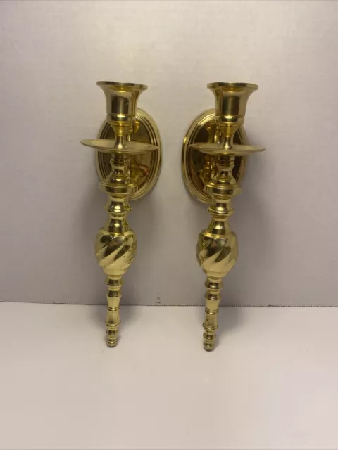 Mid Century Brass Gold Tone Wall Sconce Candle Holders Heavy Set Pair Of 2