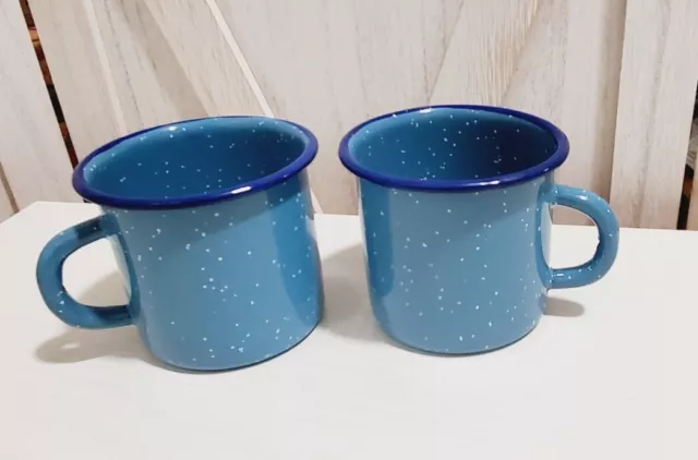 Set Of 2 Blue & White Speckled Enamelware Tin Camping Fire Pit Coffee Mugs Cups