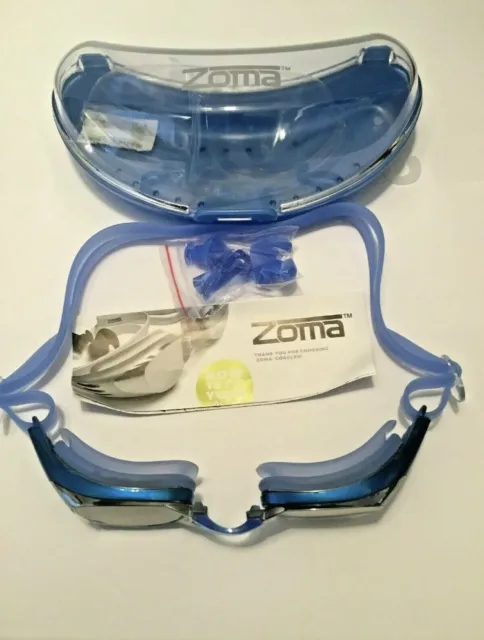 10XZoma Anti Fog Swimming Goggles Mirror Lenses Adjustable Blue. +Case Ear Plugs