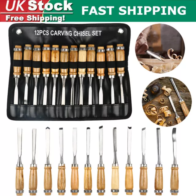 12Pcs Wood Carving Hand Chisel Set Woodworking Professional Lathe Gouges Tools