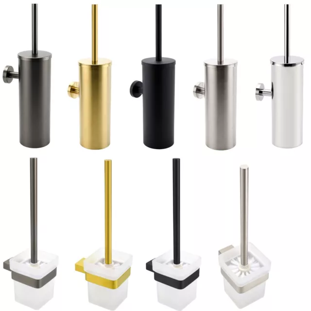 Square/Round Wall Free Standing Toilet Brush Holder Set Glass Black/Chrome/Gold