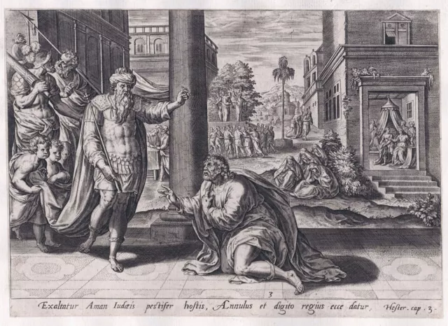 Collaert / Snellinck - Ahasuerus Xerxes Haman Bible Bibel engraving Jode 1580