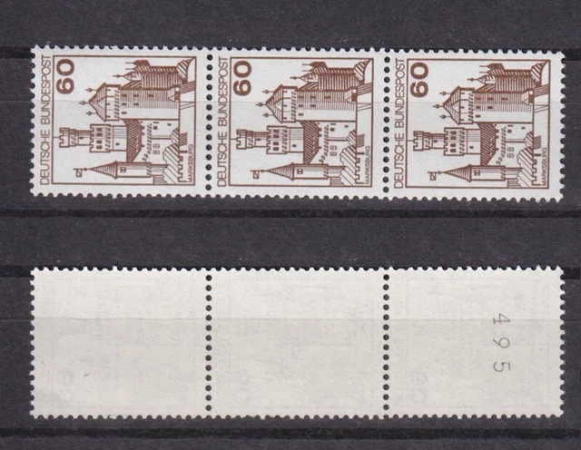 Bund 917 RM 3er Streifen mit ungerader Nr. Burgen+Schlösser 60 Pf postfrisch