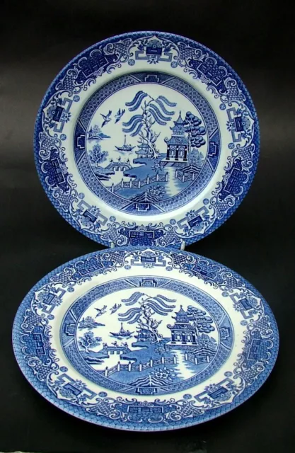 TWO English Ironstone EIT Not Churchill Blue Willow Lg Dinner Plates 25cm in VGC