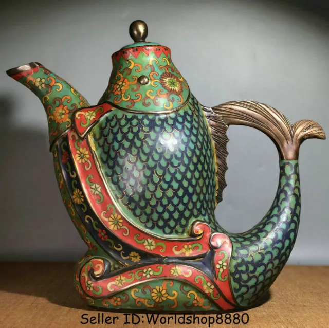 15.2" Qianlong Marked Old Chinese Cloisonne Enamel Bronze Year Fish Zun Wine Pot