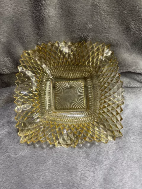 Indiana Glass Diamond Point Ruffled Square Bowl Candy Dish Yellow Vintage 6.5"