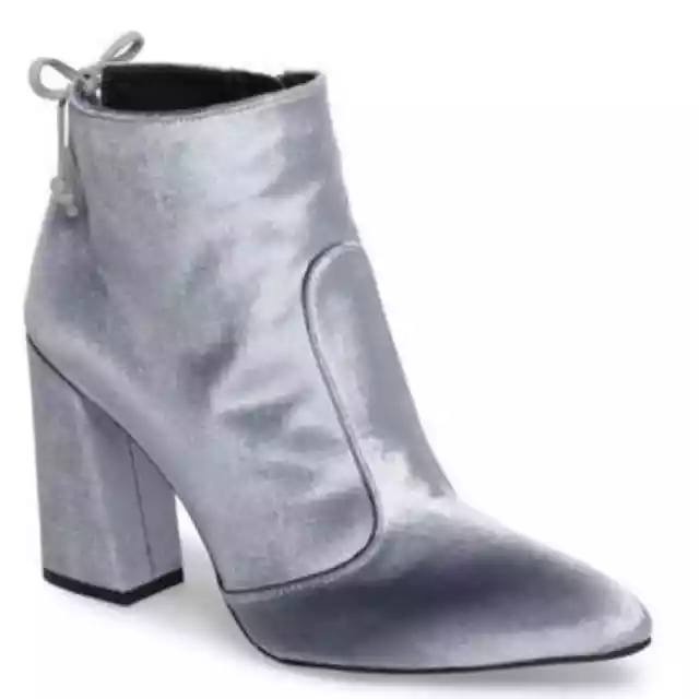 Stuart Weitzman Grandiose Back Tie Velvet Block Heel Booties Silver Women’s 7.5