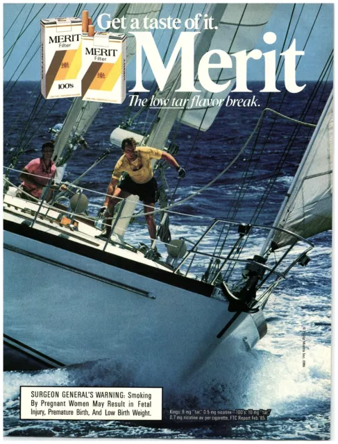 1986 Merit Cigarette Vintage Print Ad, Sailing Ocean Boat Sailors Adventure Fun