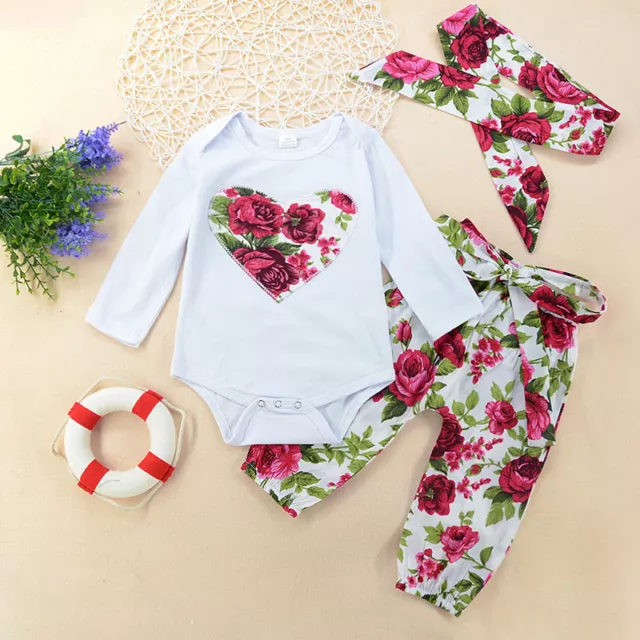 3PCS Newborn Infant Girls Outfits Romper Jumpsuit+pants+Headbands Clothes set