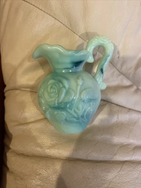 Vintage 1970's Avon Turquoise Blue Green Milk Glass Pitcher Perfume Bath Bottle