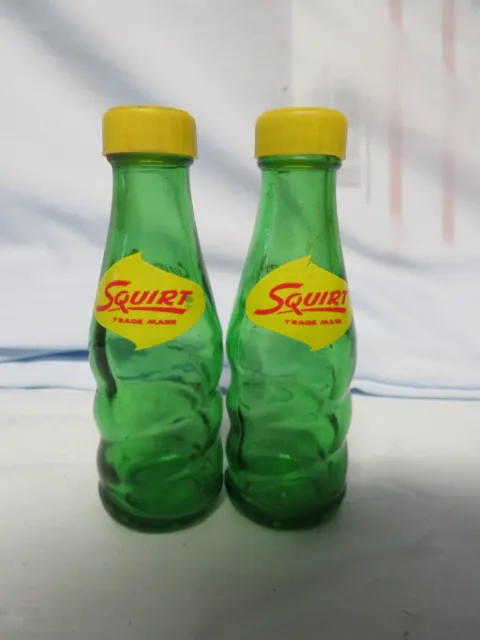 Pair Green Glass Squirt Salt & Pepper Shakers "Never An After-Thirst" 4.5" High