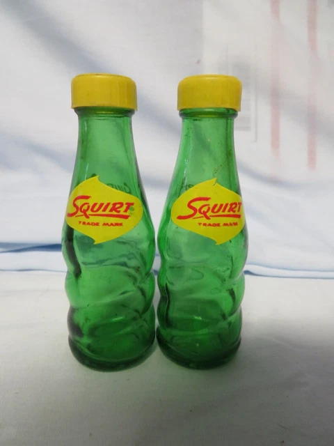Pair Green Glass Squirt Salt & Pepper Shakers "Never An After-Thirst" 4.5" High
