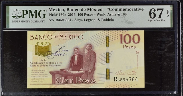 Mexico 100 Pesos 2016 P 130 c Comm. Superb Gem UNC PMG 67 EPQ NR