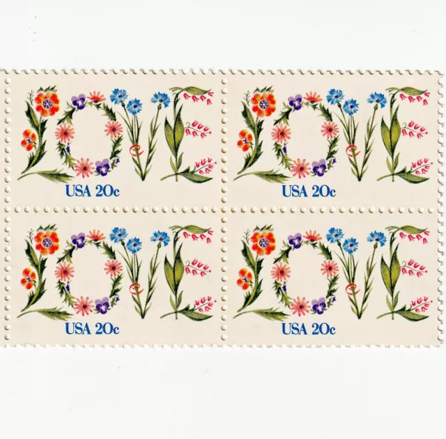 US #1951 LOVE WRITTEN IN FLOWERS 20c (1982) - Single Block of 4 Stamps, MNH