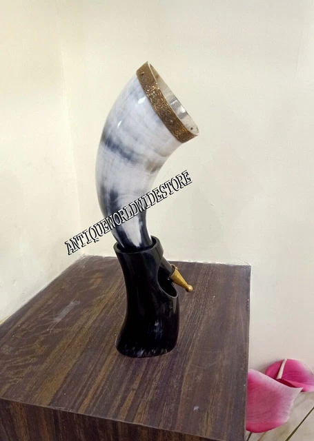 Drinking beer mug brass/rim medieval viking cup with stand Ox drinking horn mug