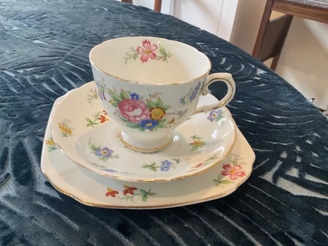 Vintage Royal Tuscan trio, cup & saucer, plate floral rose bouquet pattern