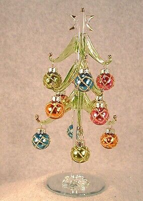 Hand Blown 8 Inch Miniature Glass Christmas Tree & 12 Decorated Glass Ornaments