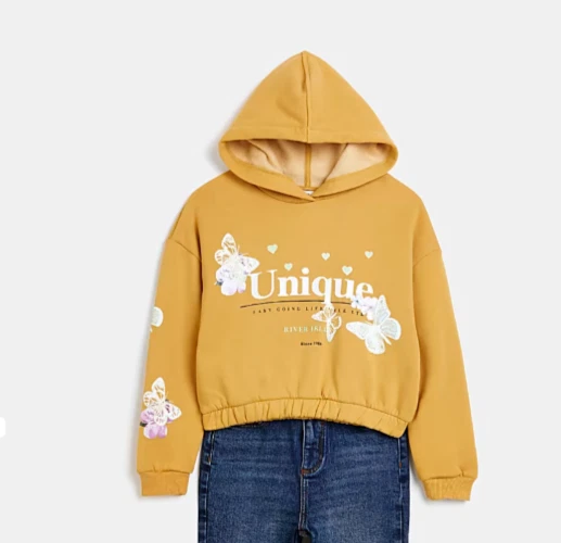 Felpa con cappuccio foderata in pile farfalla gialla River Island 11-12 nuova con etichette prezzo disponibile £18