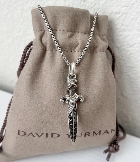 David Yurman Silver Waves Dagger Necklace with Black Diamonds 25-26" Chain