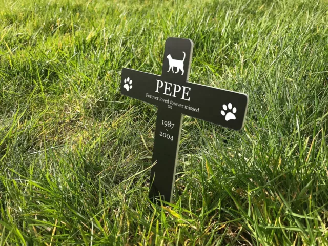 Personalised Pet Cat Memorial Cross Plaque Stake Black & White - Outdoor Garden