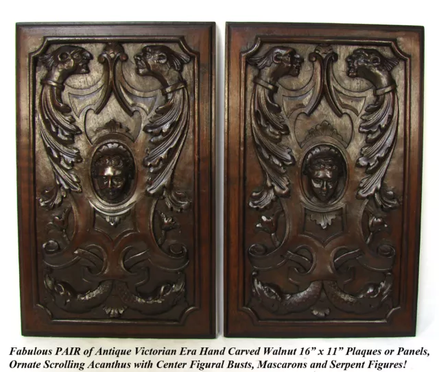 Antique Victorian Carved 16"x11" Furniture or Cabinet Door Panel PAIR, Mascarons 2