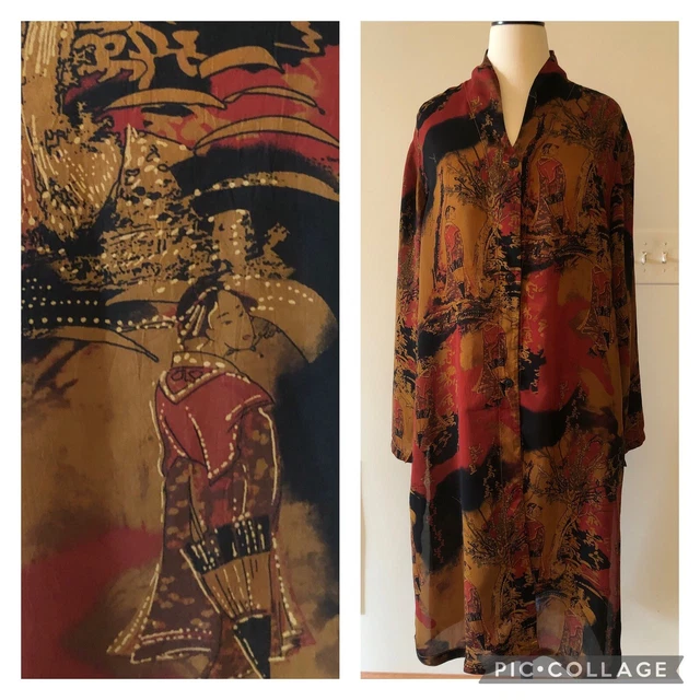 TIANELLO USA Asian Japanese geisha art persimmon burnt button kimono duster M