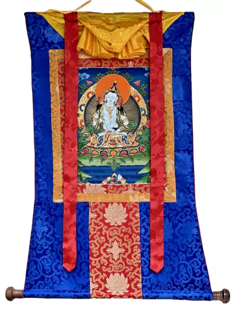 Original Hand-Painted Vajrasattva Tibetan Thangka Painting With Silk Brocade