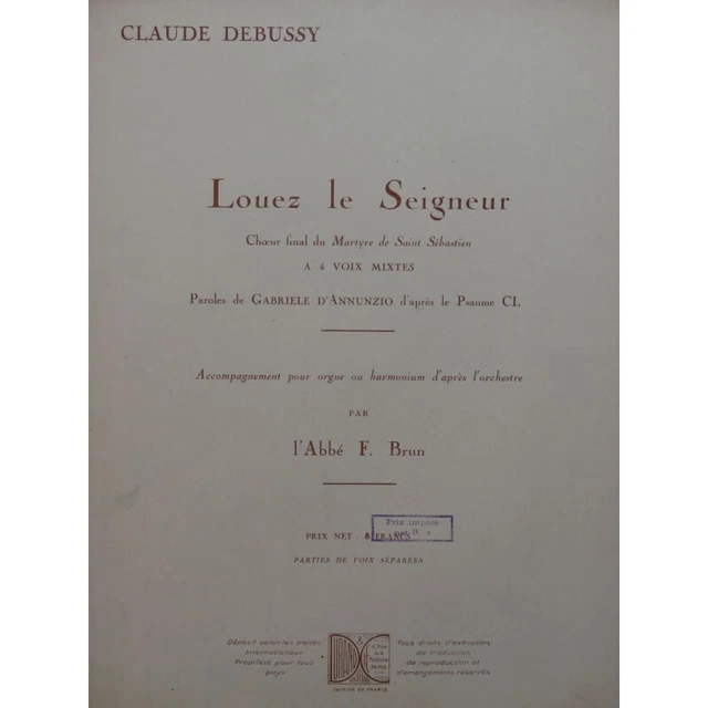 DEBUSSY Claude Louez le Seigneur Chant Orgue ou Harmonium 1933