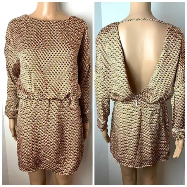 Zara Geometric Print Long Sleeve Open Back  Mini Cocktail Party Dress Size Small