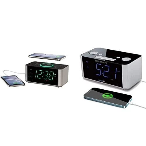 Emerson Alarm Clock Radio and QI Wireless Charger with Bluetooth, ER100202 & ...