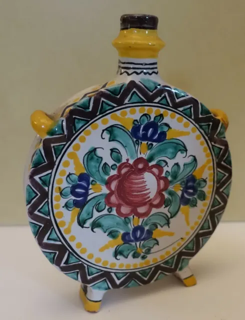Lx13 Vintage European Art Pottery Hand Painted Flask 6 1/2" High