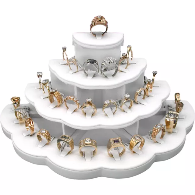 White Faux Leather Jewelry Display Stand Holds 29 Rings Kit 2 Pcs