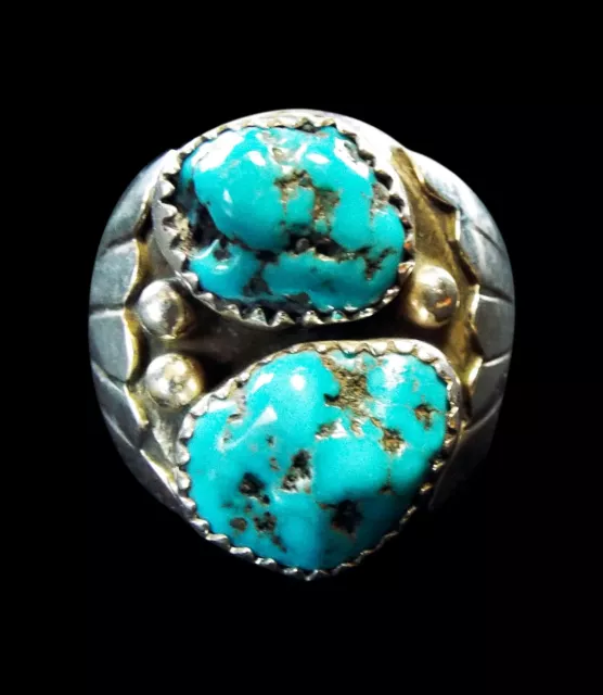 Sterling Two Stone Turquoise Ring  - Navajo Handmade