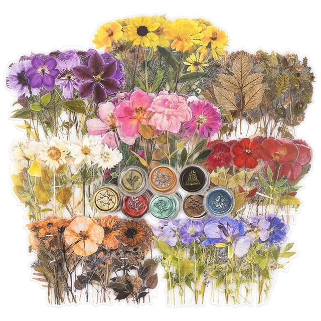 Aufkleber-Set mit Gepressten Blumen (320 StüCk), Getrocknete Blumen, Kunsth1368