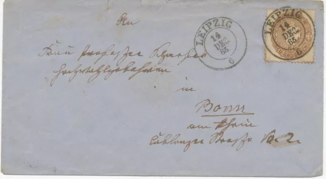 SACHSEN 1865, 3 Ngr als EF auf Pra.-Brief mit K2 „LEIPZIG“ nach BONN