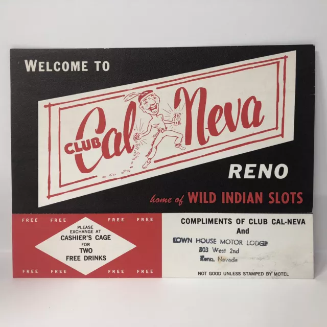 1960s Club Cal Neva Casino Vintage Drink Coupon & Menu Reno Nevada Indian Slots